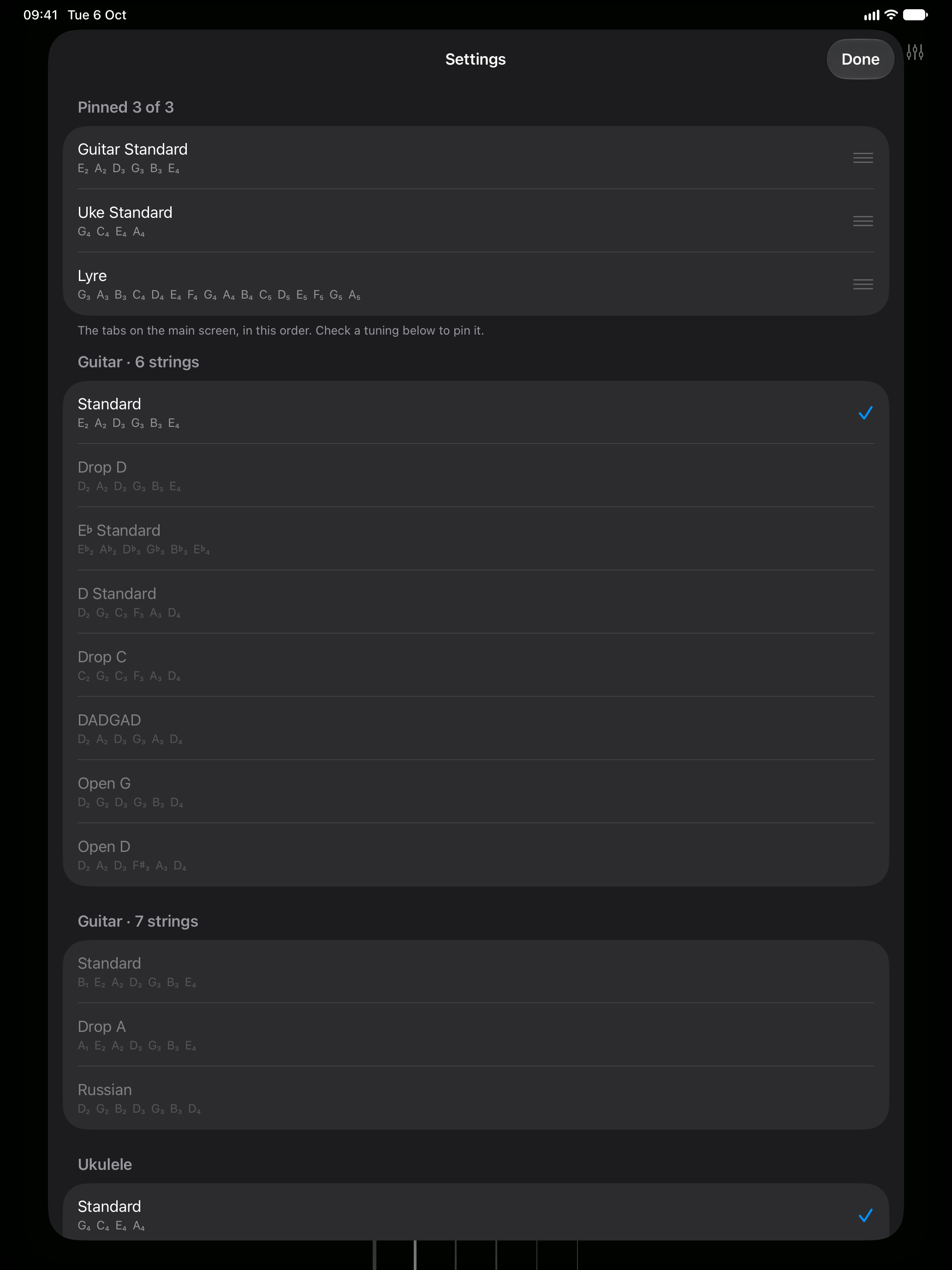 Settings: pinned tunings and the guitar tunings