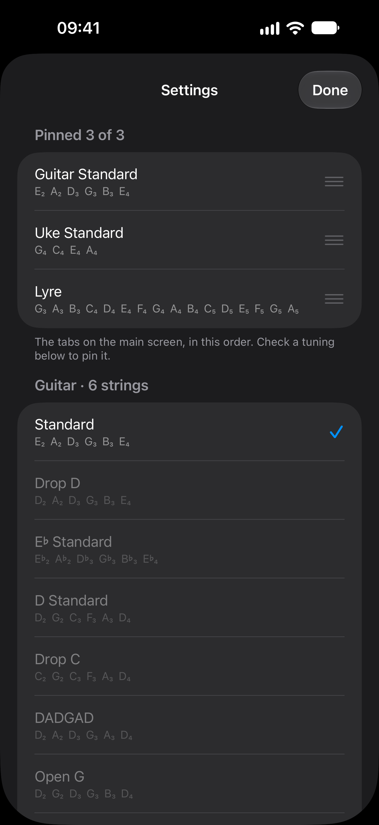 Settings: pinned tunings and the guitar tunings
